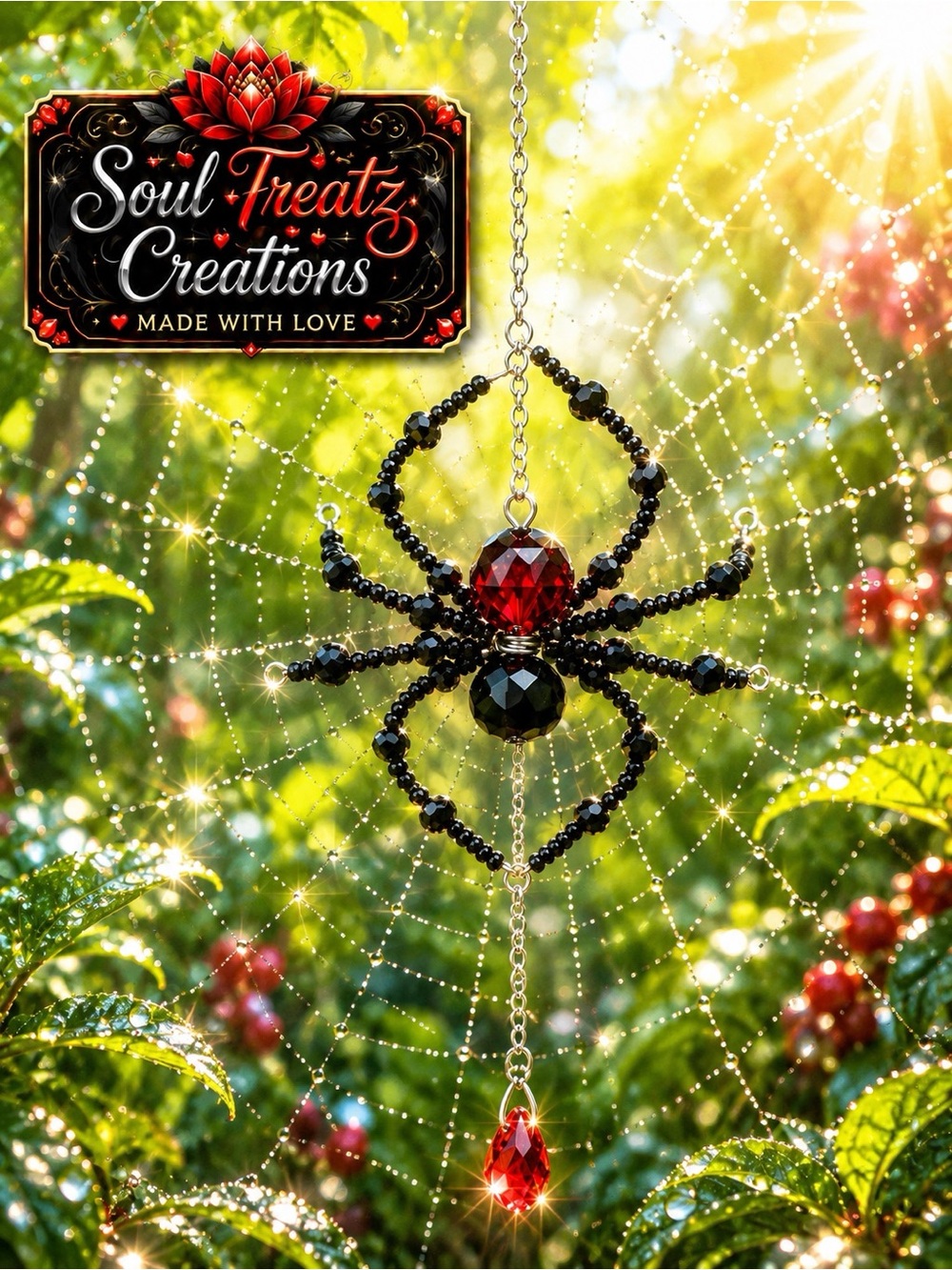 Crimson Black Widow Black & Red Beaded Spider Hanging Sun Catcher Decor